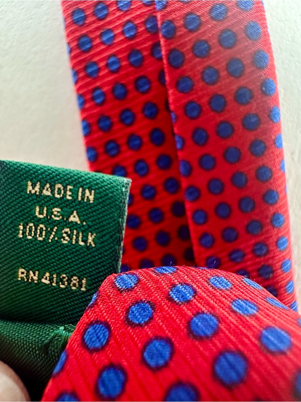 Vintage LAUREN RALPH LAUREN Red & Blue Polka Dot Classic 100% Silk Tie, 3.75” - Picture 7 of 8